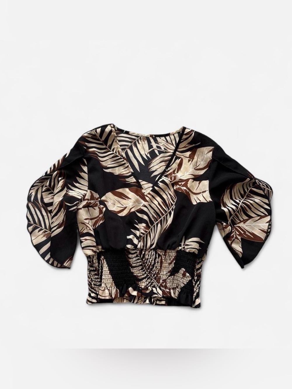 SHEIN Black Tropical Leaf Smocked-Waist Crop Top
